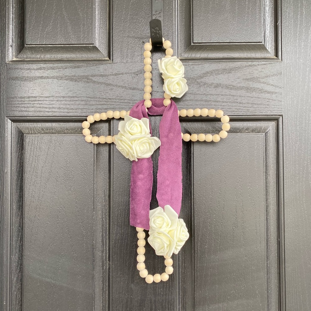 Purple and Cream Beaded Cross Decor